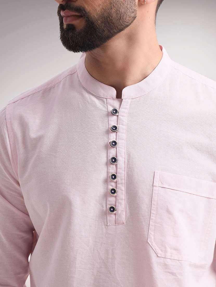 men solid mandarin neck short kurta - 22079727 - Standard Image - 4