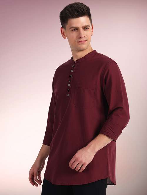 men solid mandarin neck short kurta - 22079730 -  Standard Image - 0