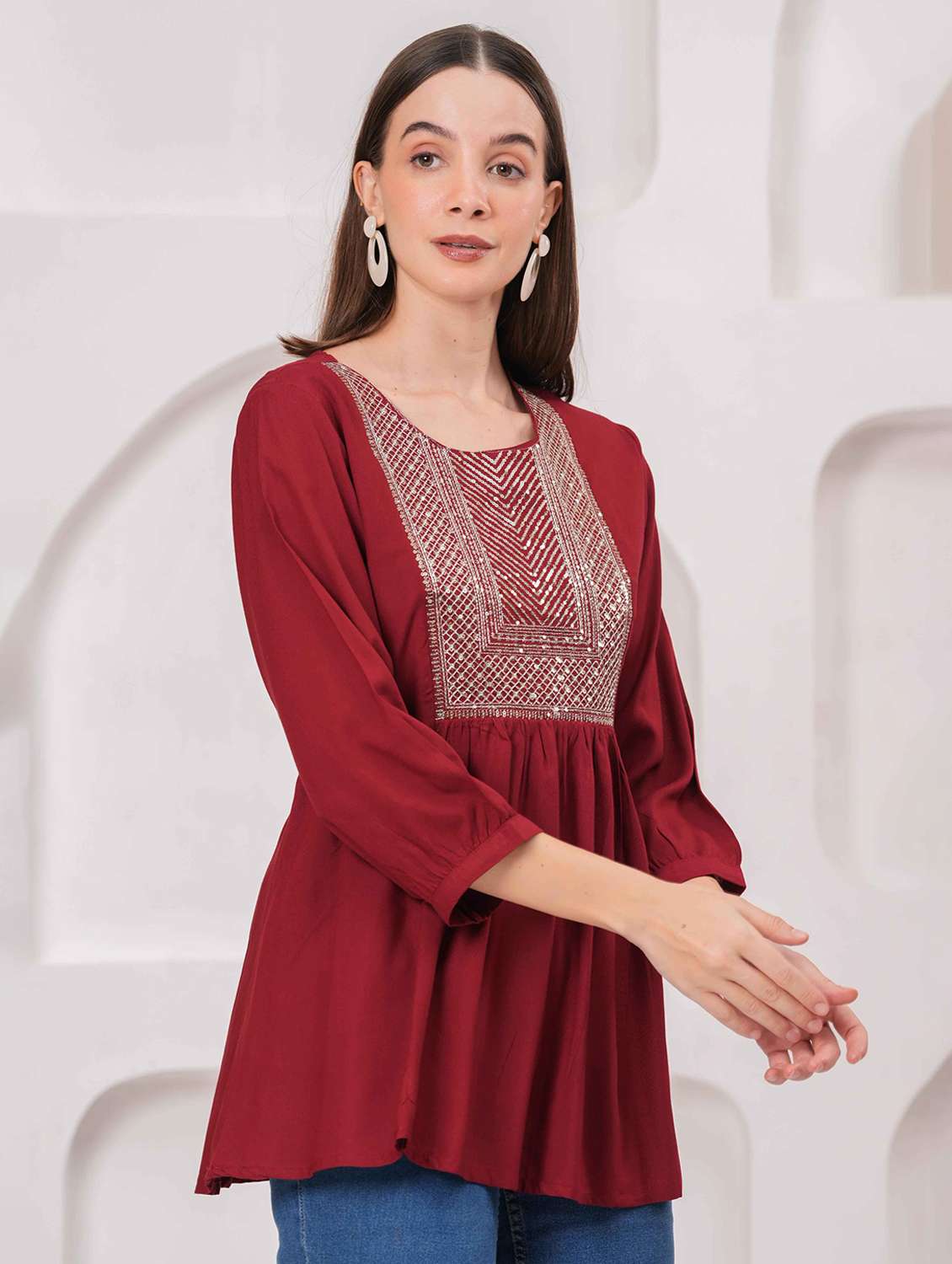 women embroidered three quarter sleeve kurti - 22079732 -  Standard Image - 1
