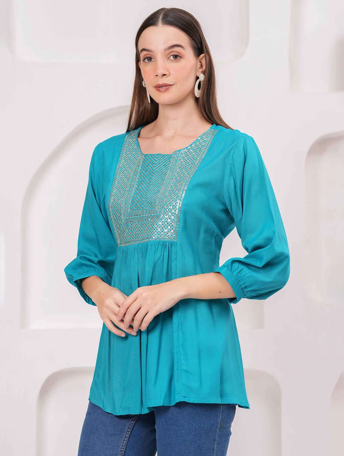women embroidered three quarter sleeve kurti - 22079735 -  Standard Image - 1