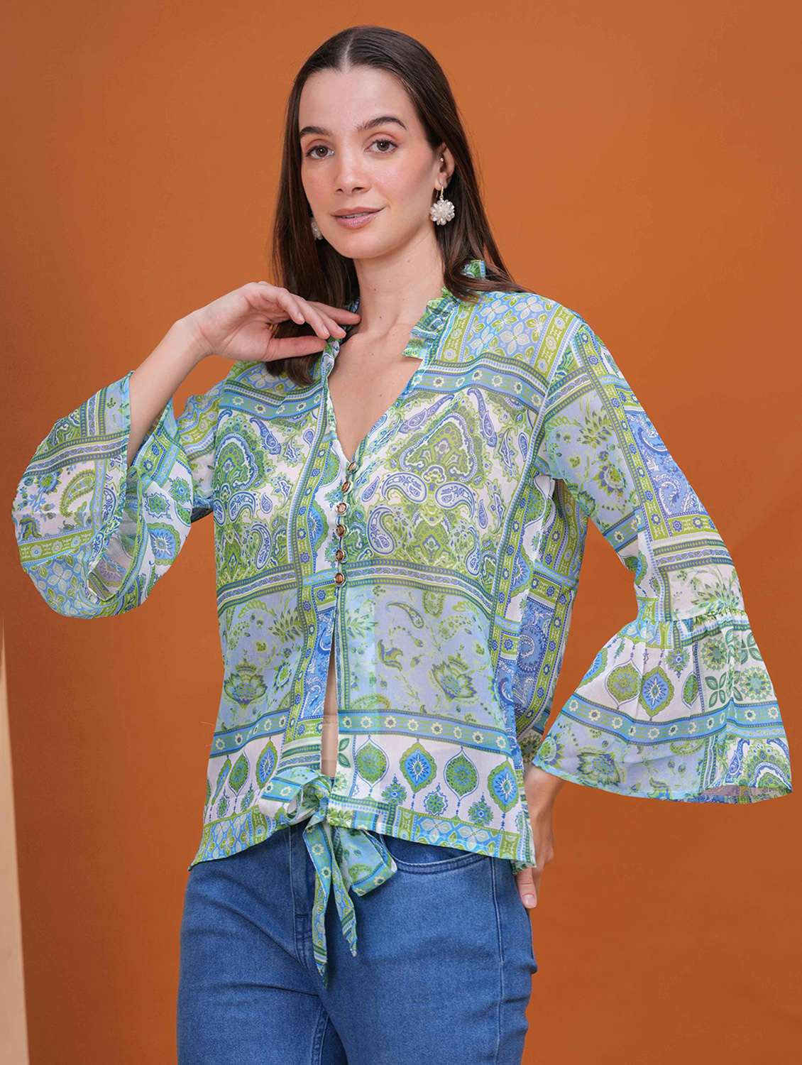 women printed bell slevee regular top - 22079736 -  Standard Image - 1