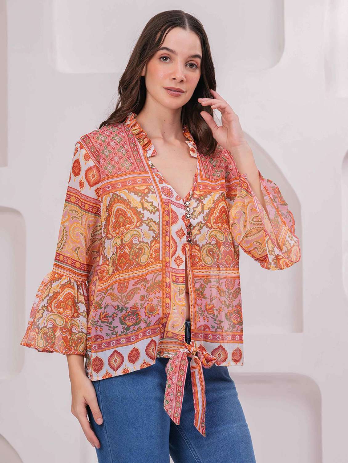 women printed bell slevee regular top - 22079737 -  Standard Image - 1