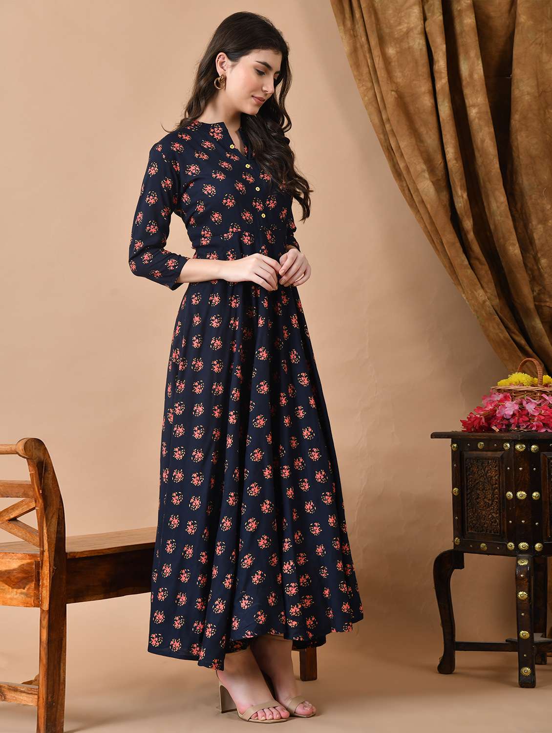 women floral printed three quarter sleeve ethnic dress - 22079738 -  Standard Image - 1