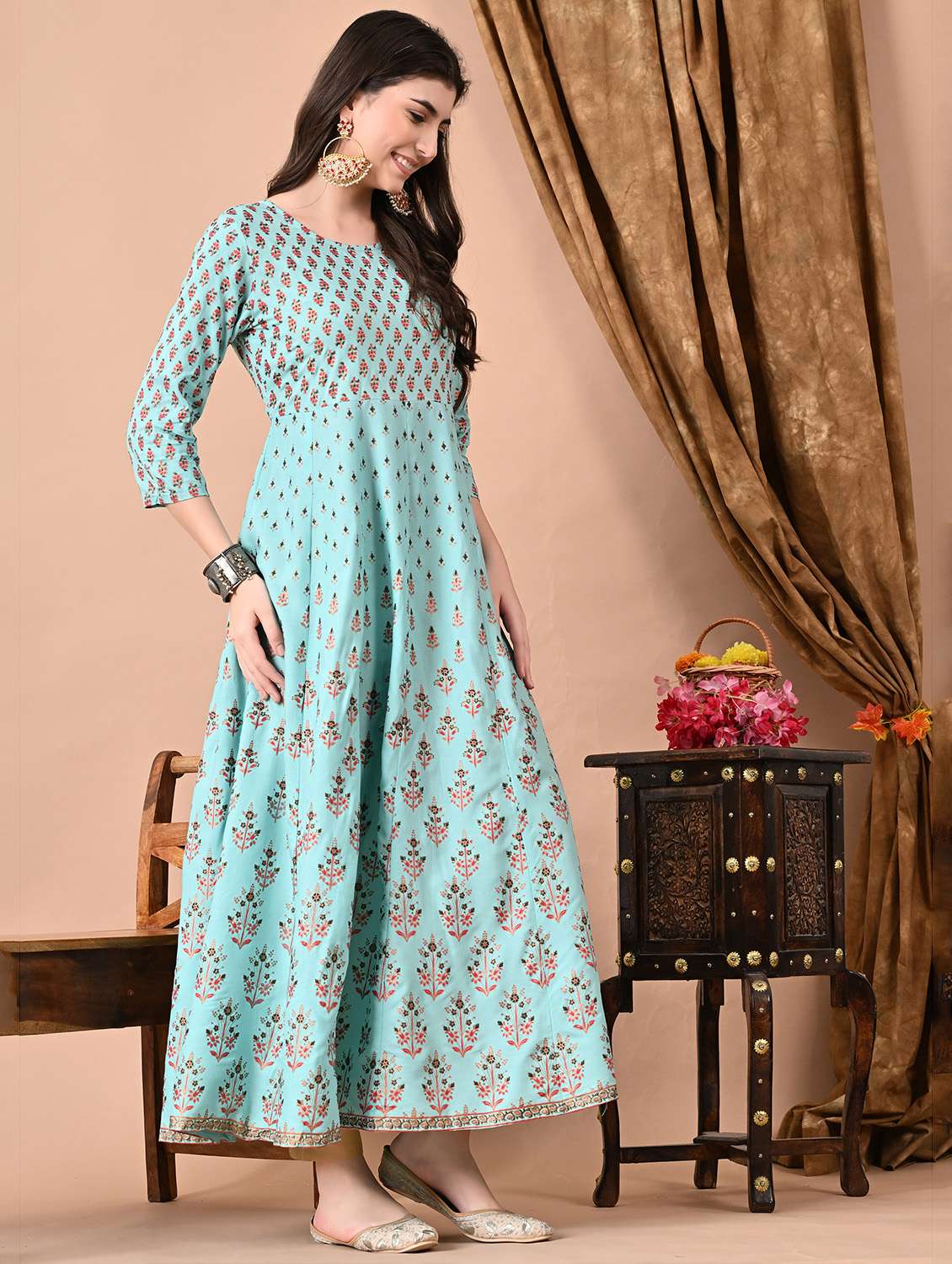 women printed three quarter sleeve ethnic dress - 22079739 -  Standard Image - 1