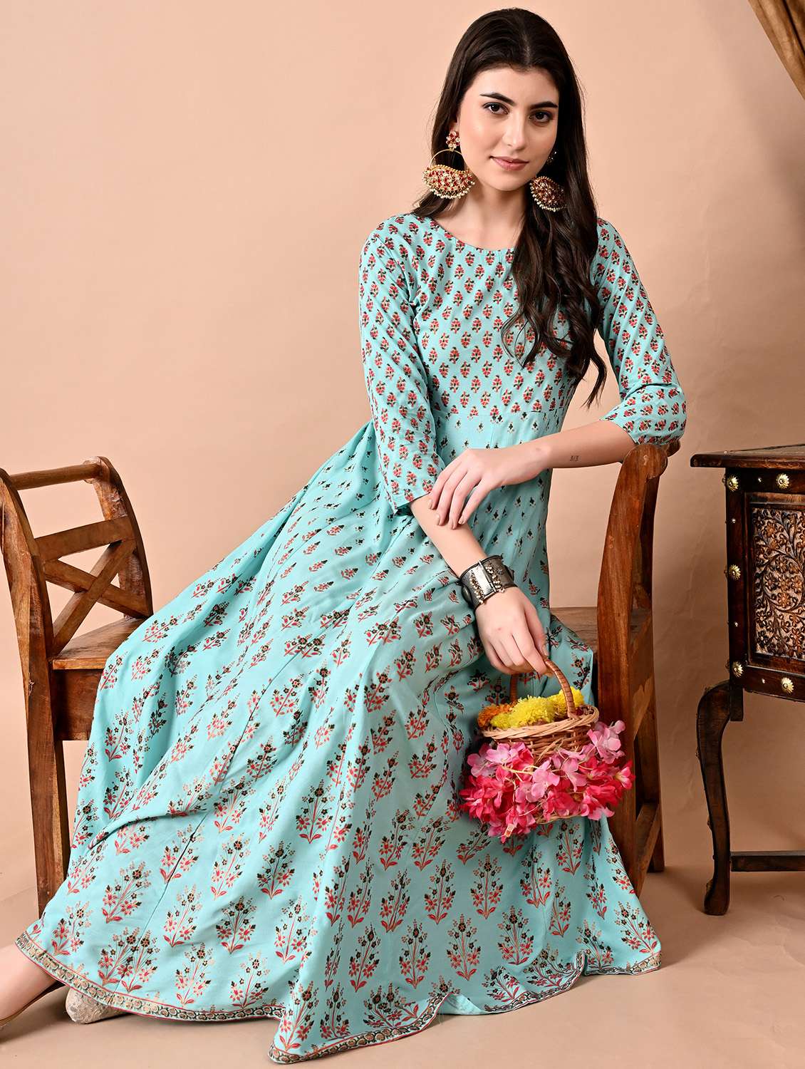 women printed three quarter sleeve ethnic dress - 22079739 -  Standard Image - 4