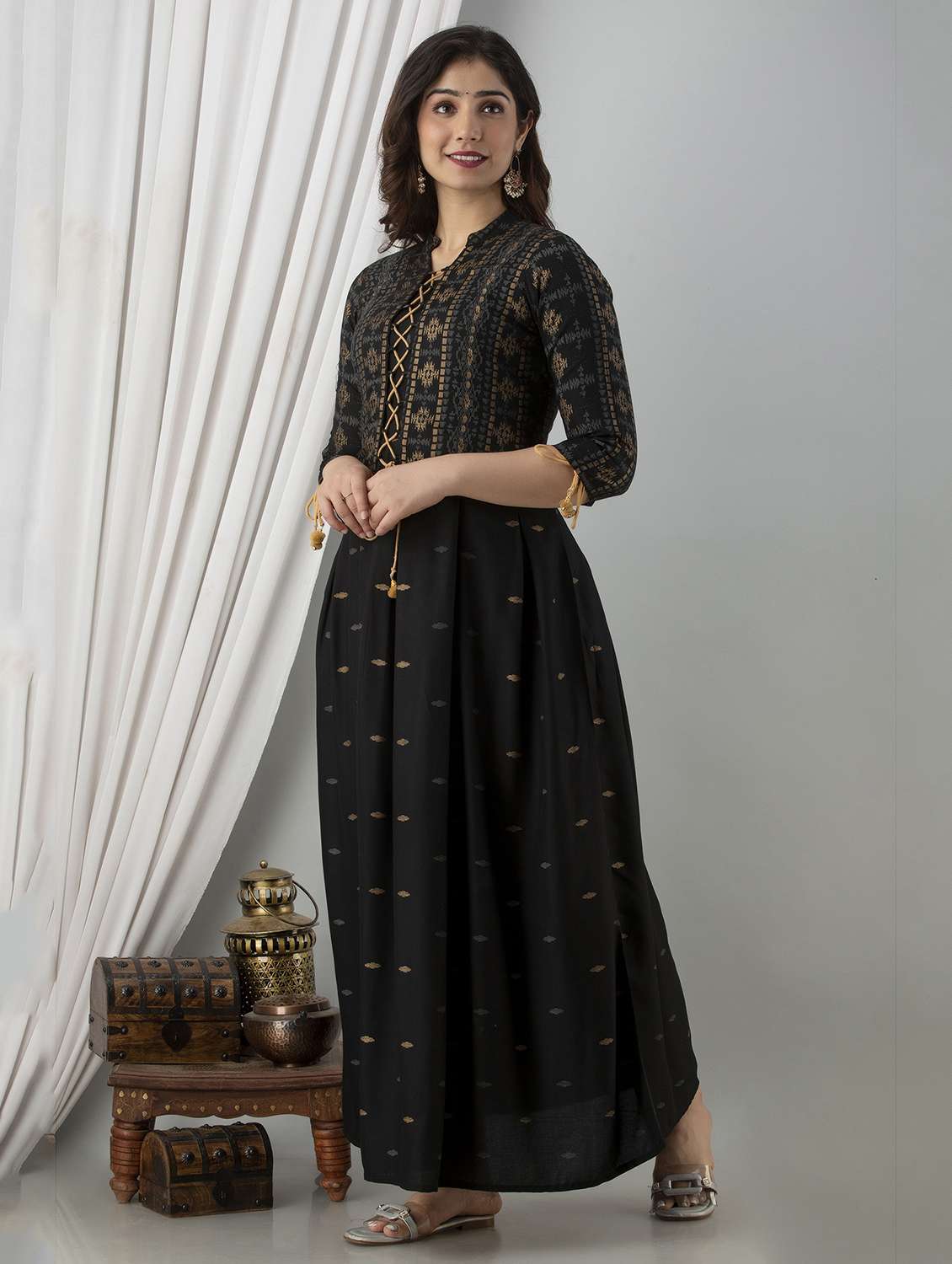 women printed three quarter sleeve ethnic dress - 22079742 -  Standard Image - 1