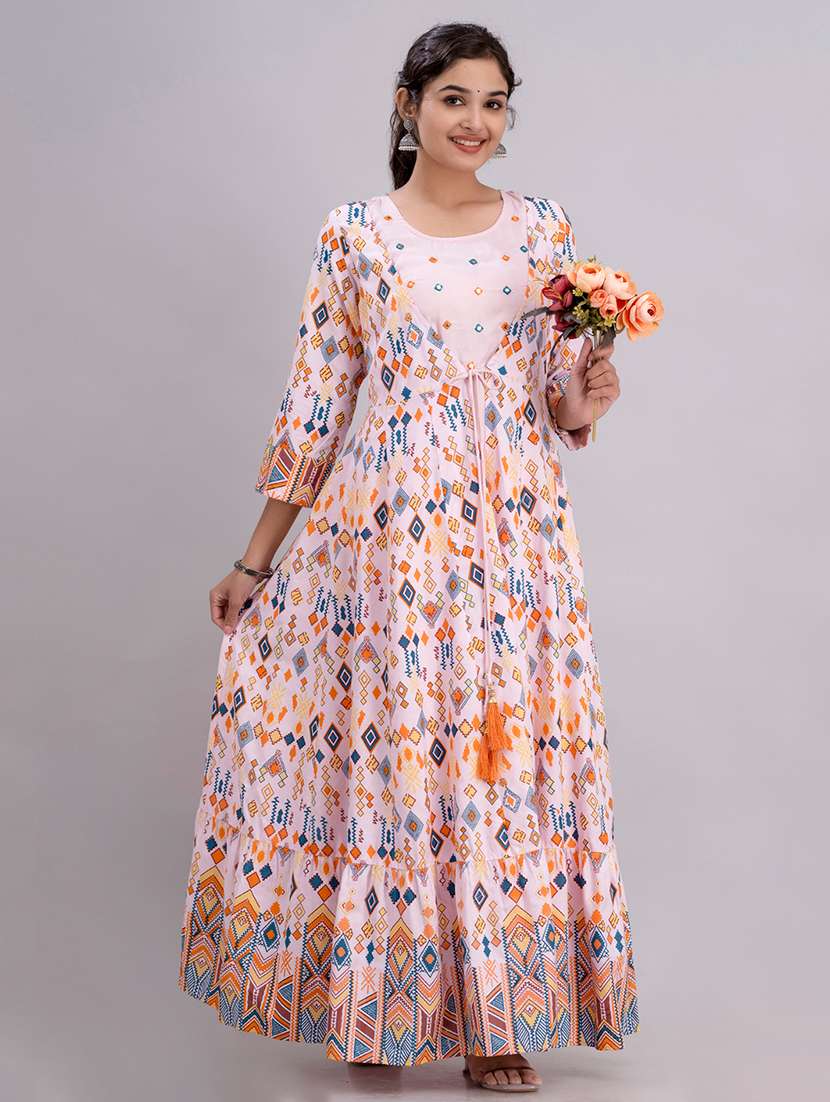 women printed three quarter sleeve ethnic dress - 22079743 -  Standard Image - 1