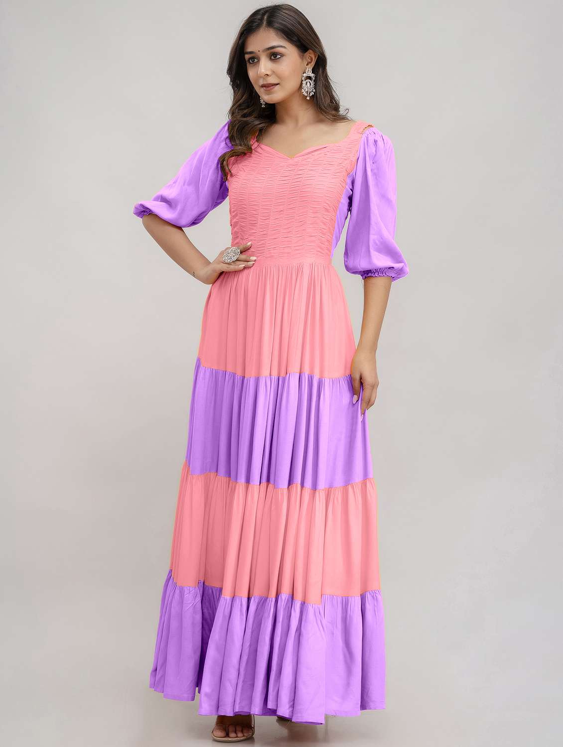 women color block puff sleeve tiered maxi dress - 22079745 - Standard Image - 1