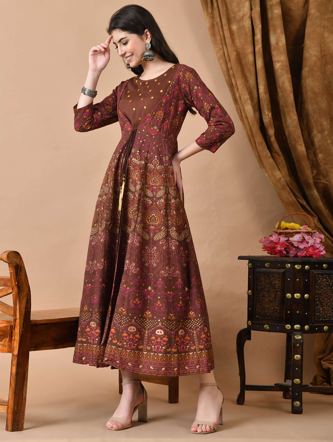 women printed three quarter sleeve ethnic dress - 22079747 -  Standard Image - 1