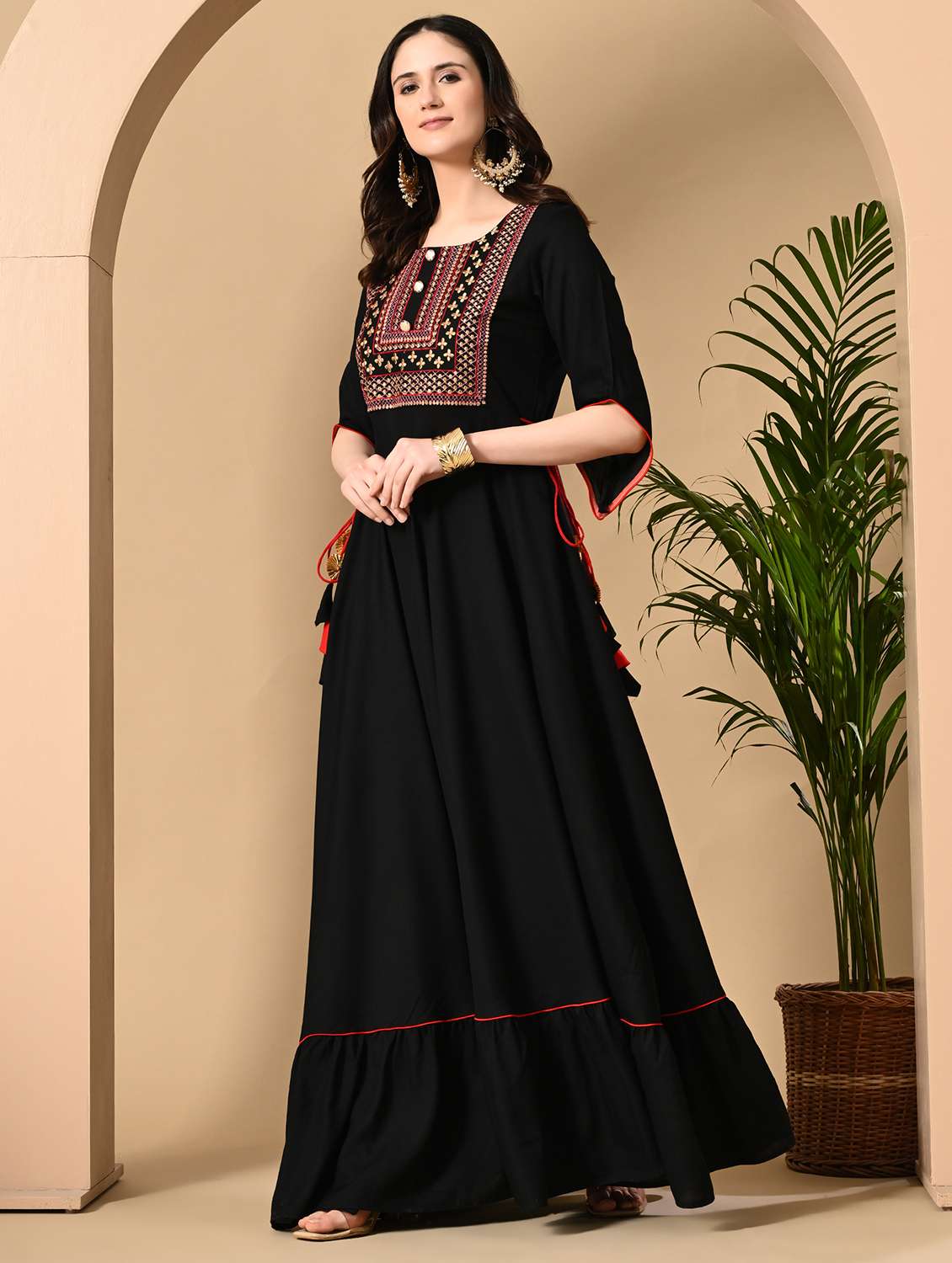 women embroidered three quarter sleeve ethnic dress - 22079748 -  Standard Image - 1