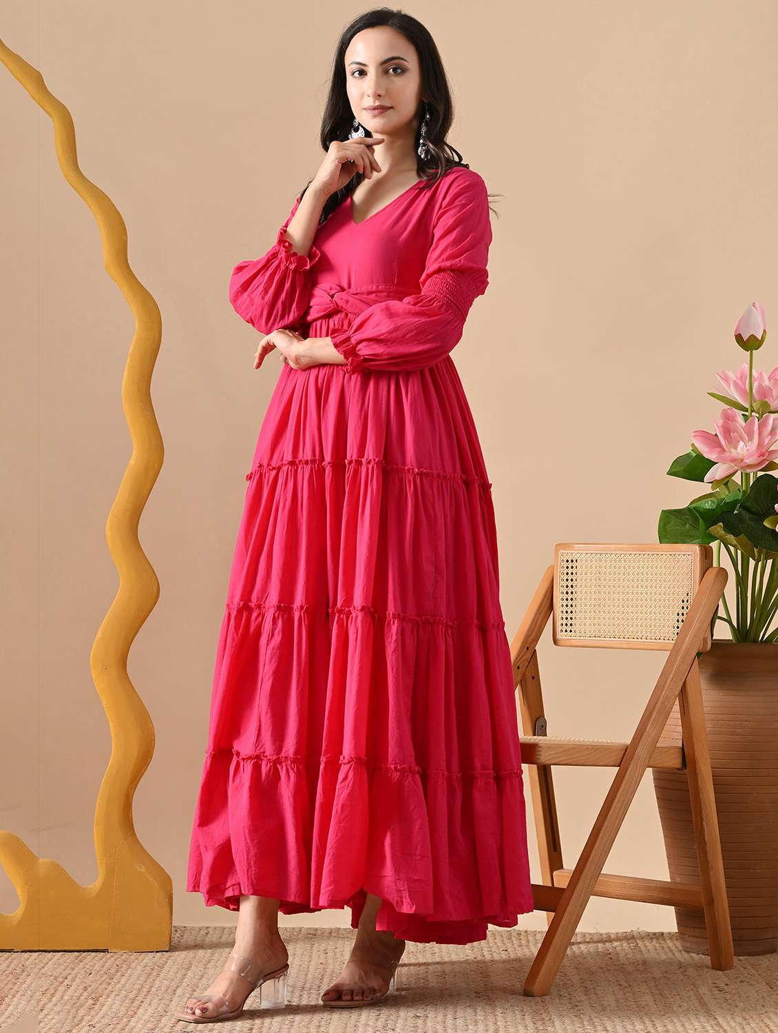 women solid long sleeve tiered ethnic dress - 22079749 -  Standard Image - 1