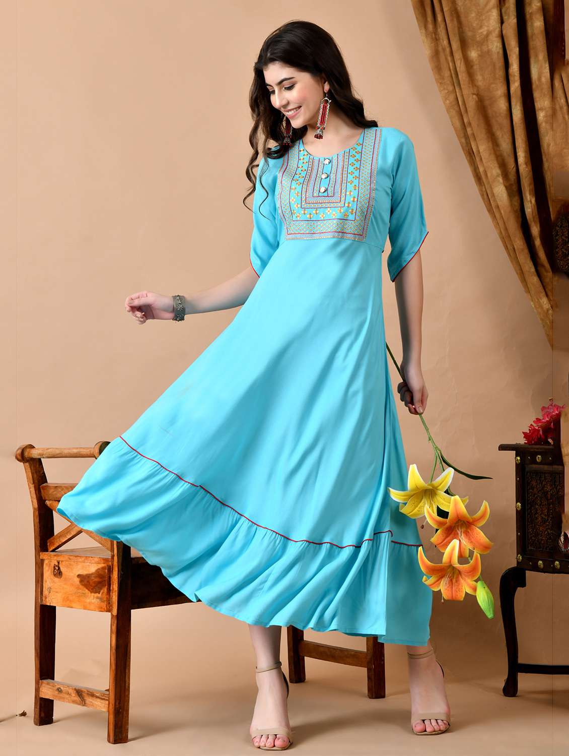 women embroidered three quarter sleeve ethnic dress - 22079752 -  Standard Image - 1