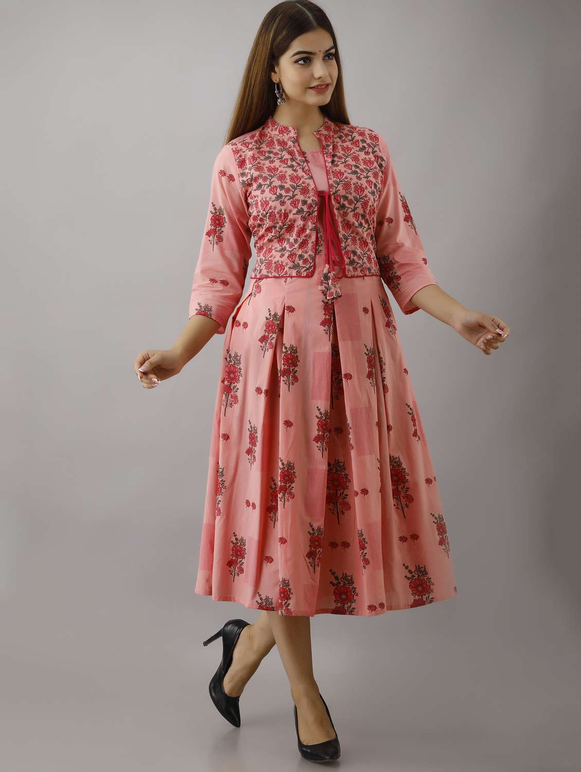 women floral printed three quarter sleeve ethnic dress - 22079754 -  Standard Image - 1