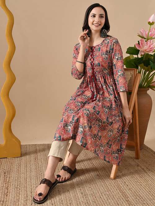 women printed three quarter sleeve a-line kurta - 22079759 -  Standard Image - 0