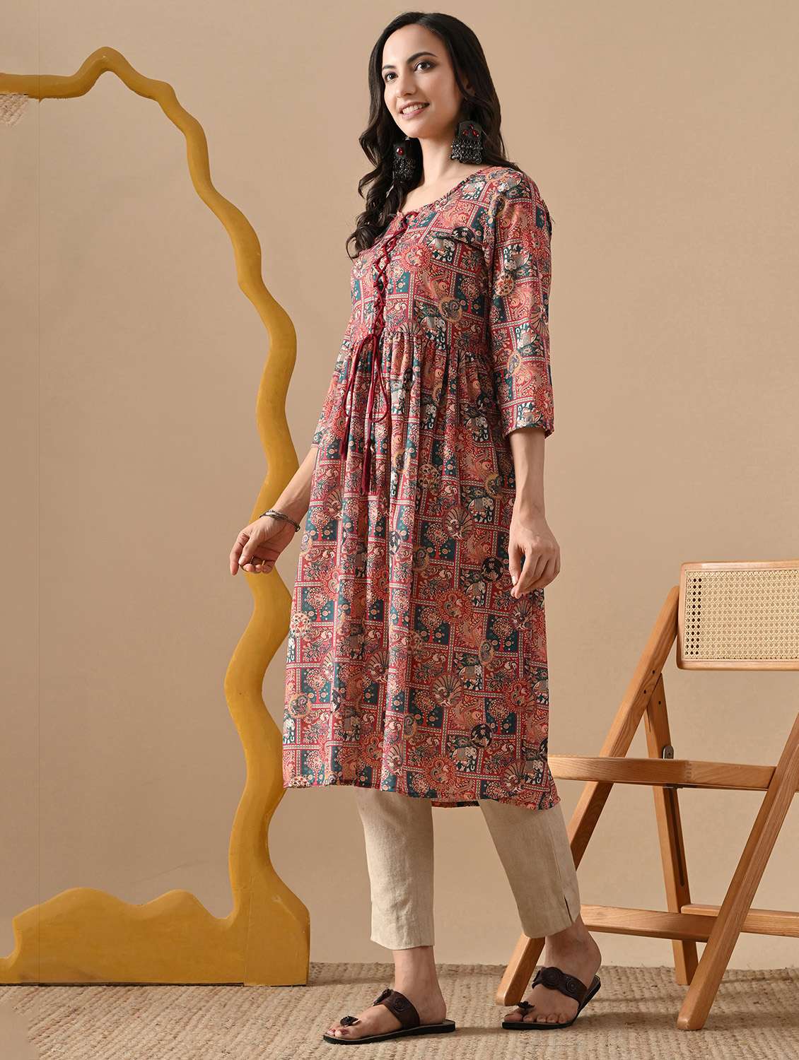 women printed three quarter sleeve a-line kurta - 22079759 -  Standard Image - 1