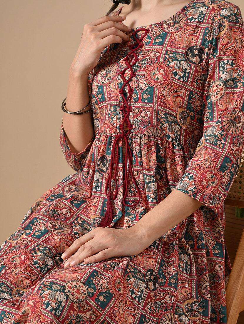 women printed three quarter sleeve a-line kurta - 22079759 -  Standard Image - 1