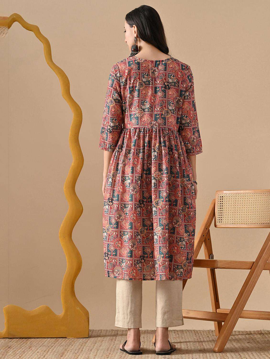 women printed three quarter sleeve a-line kurta - 22079759 -  Standard Image - 4