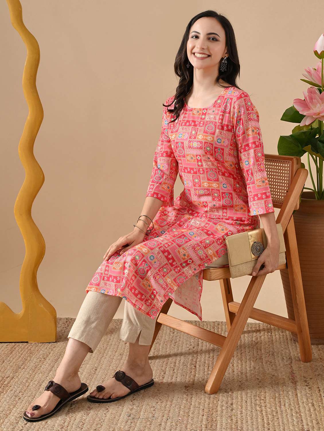 women printed three quarter sleeve straight kurta