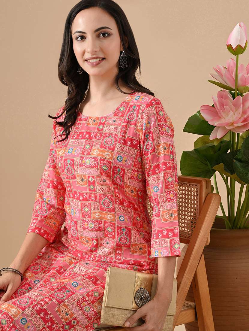 women printed three quarter sleeve straight kurta - 22079760 - Standard Image - 1