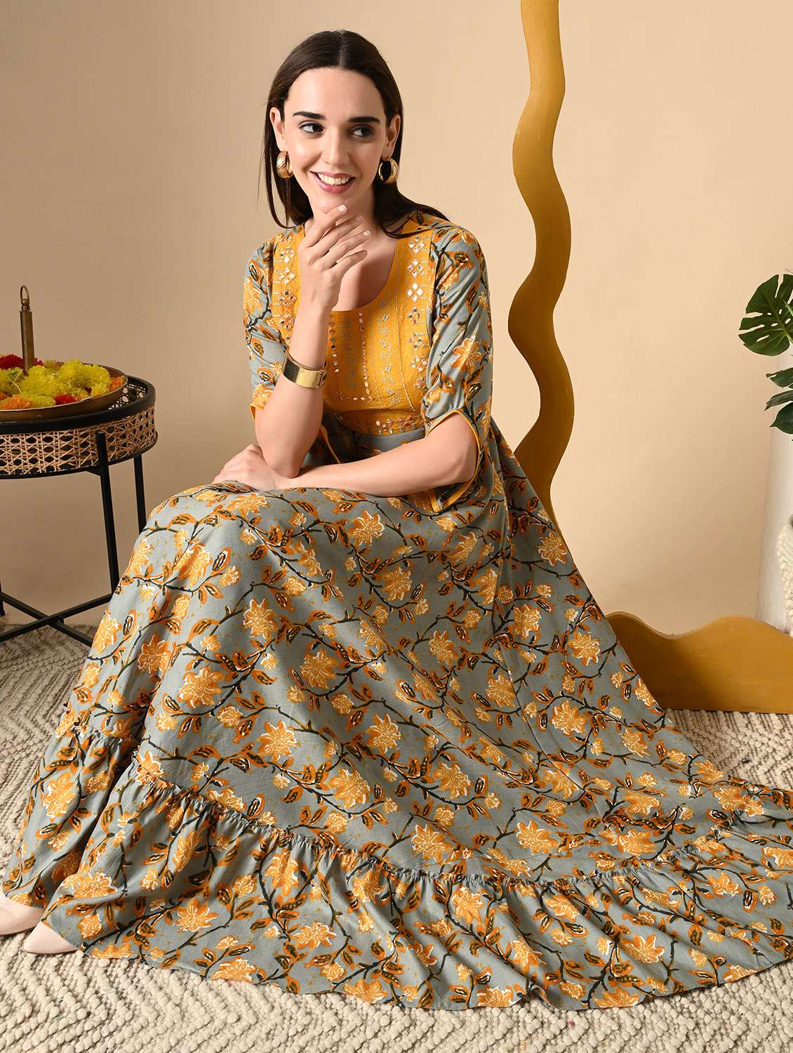 women floral printed three quarter sleeve ethnic dress - 22079763 -  Standard Image - 1