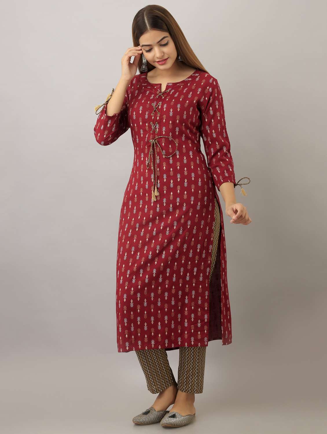 women printed three quarter sleeve straight kurta - 22079765 -  Standard Image - 1