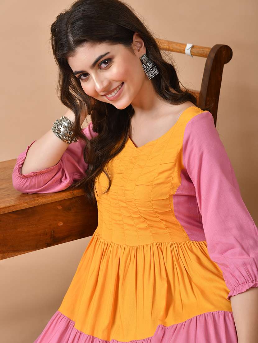 women color block puff sleeve tiered maxi dress - 22079776 - Standard Image - 1