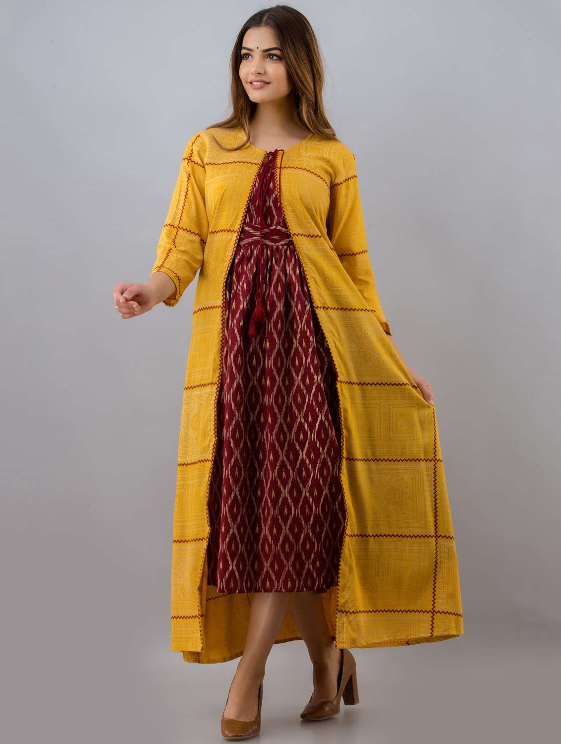 women printed three quarter sleeve ethnic dress - 22079778 - Standard Image - 1