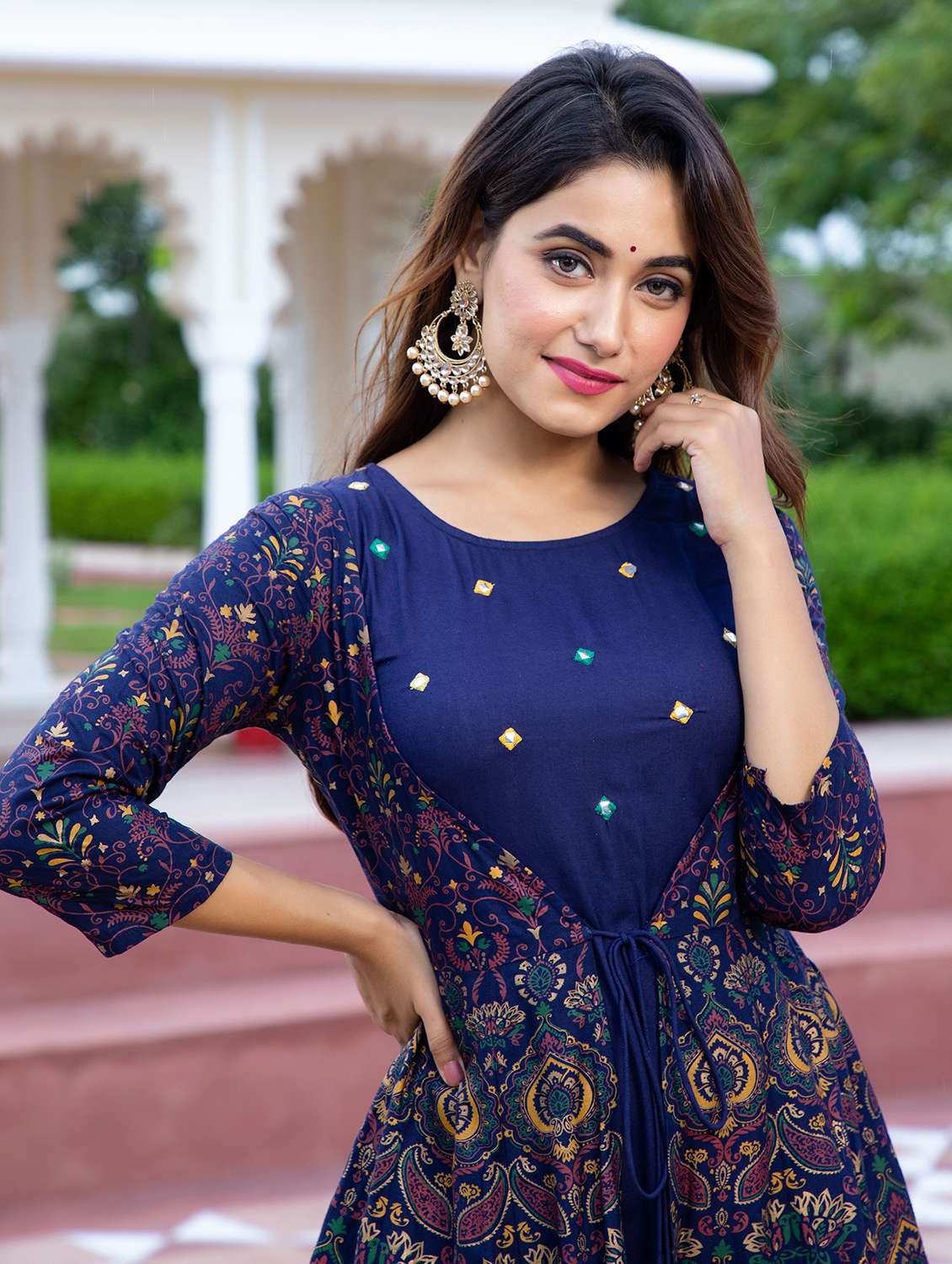 women printed three quarter sleeve a-line ethnic dress - 22079790 - Standard Image - 4