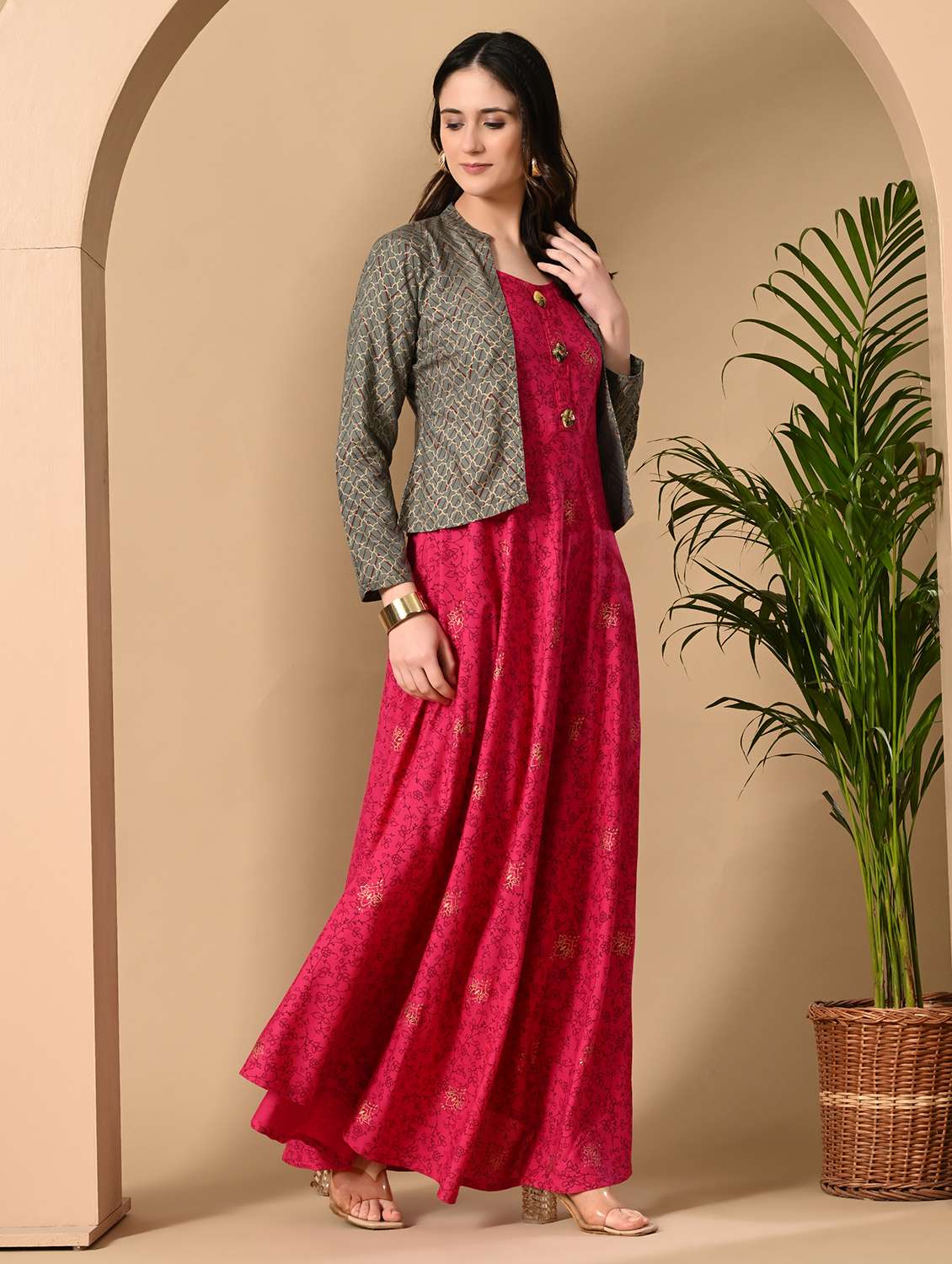 women printed long sleeve kurta with jacket ethnic dress - 22079791 -  Standard Image - 1