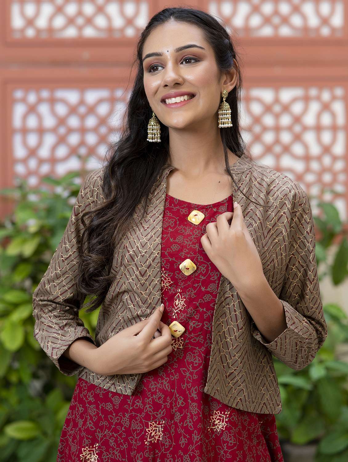women printed long sleeve kurta with jacket ethnic dress - 22079792 - Standard Image - 1