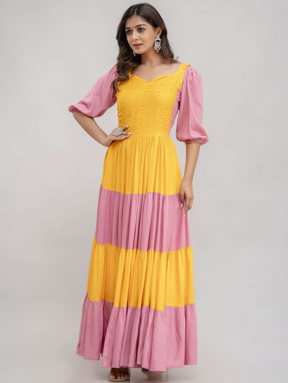 women color block puff sleeve tiered maxi dress - 22079793 - Standard Image - 1