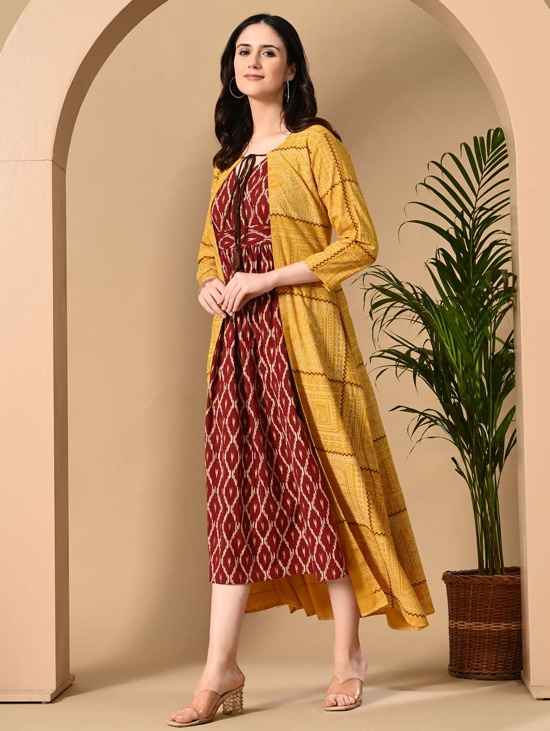 women printed three quarter sleeve ethnic dress - 22079795 - Standard Image - 1
