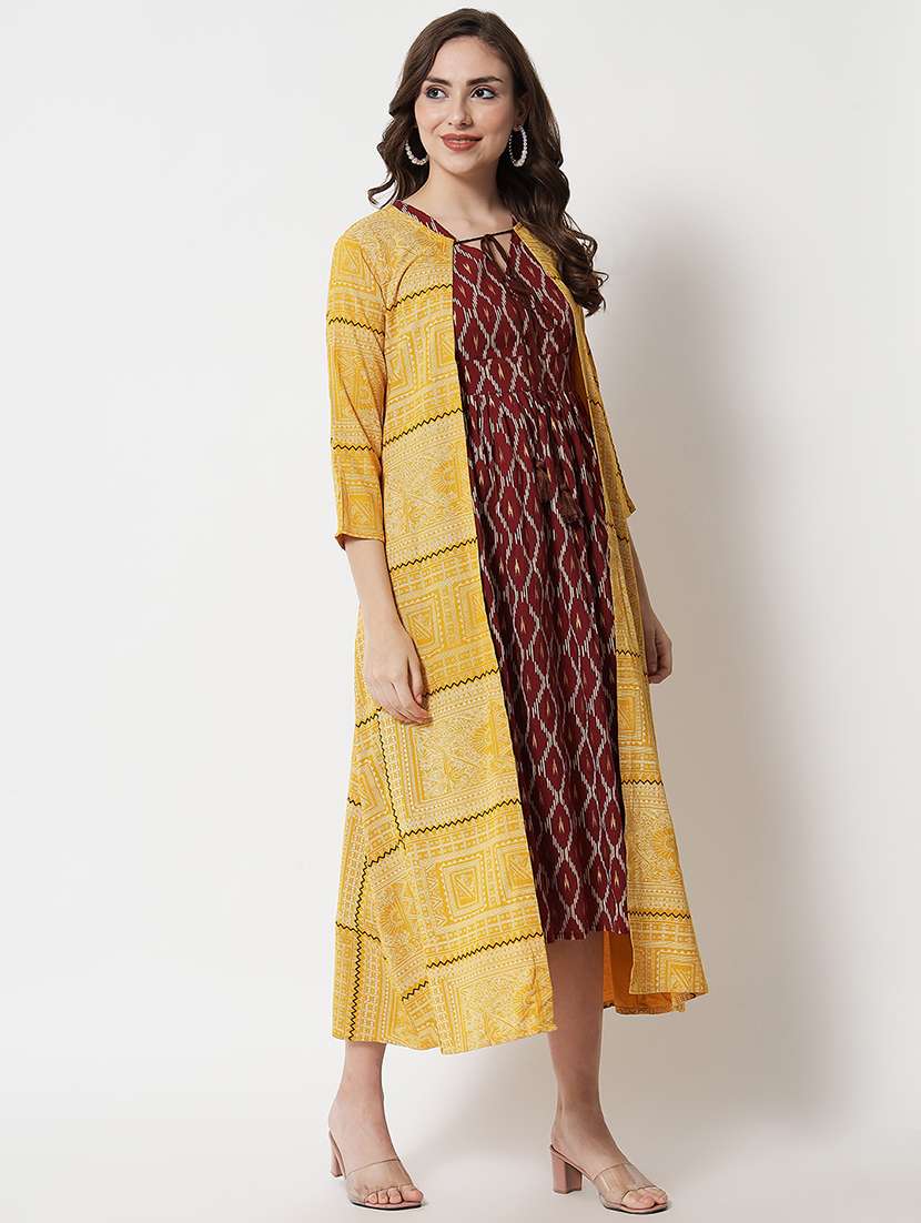 women printed three quarter sleeve ethnic dress - 22079796 -  Standard Image - 1