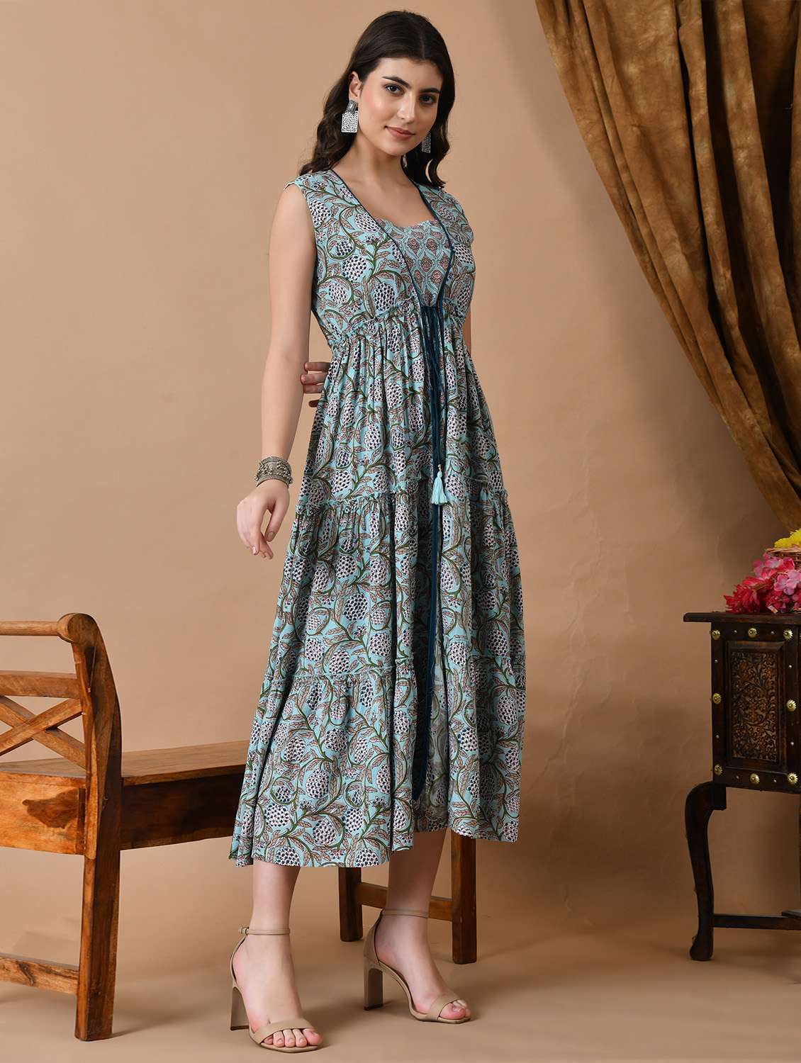 women printed sleeveless tiered ethnic dress - 22079797 - Standard Image - 1