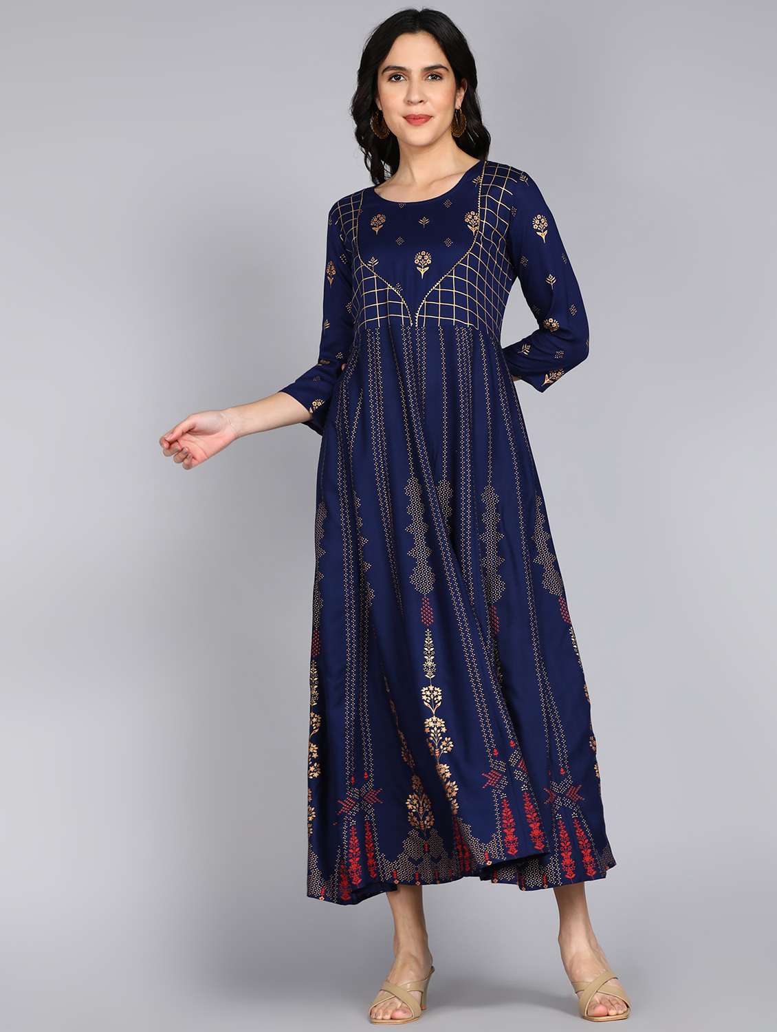 women foil printed three quarter sleeve ethnic dress - 22079799 -  Standard Image - 1