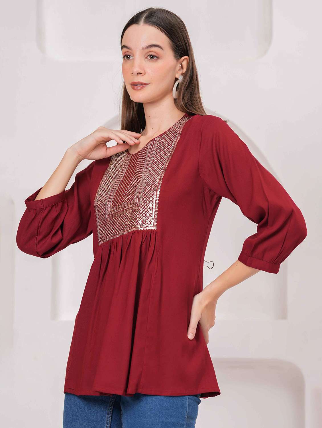 women embroidered three quarter sleeve kurti - 22079816 - Standard Image - 1