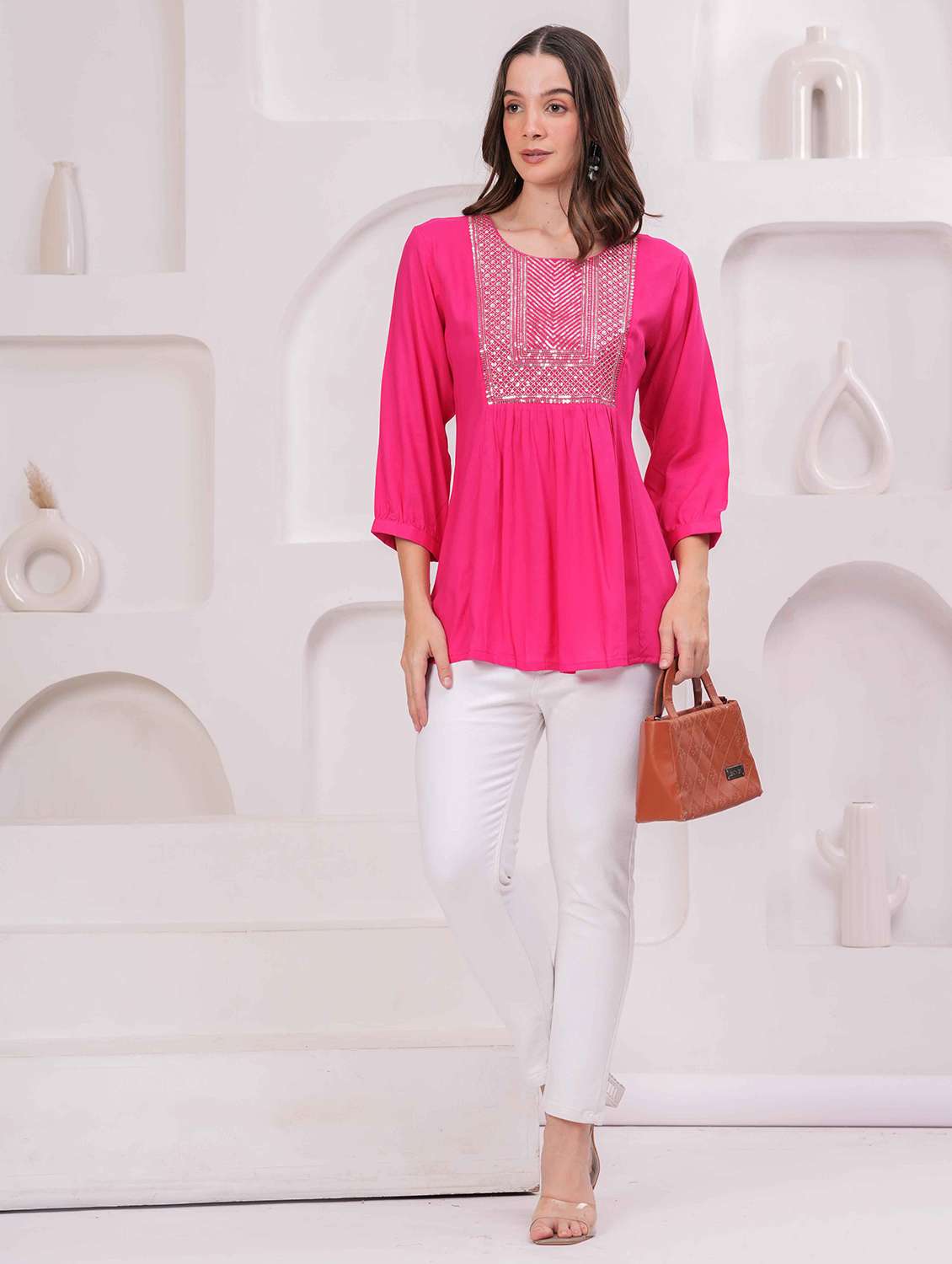 women embroidered three quarter sleeve kurti - 22079818 - Standard Image - 4