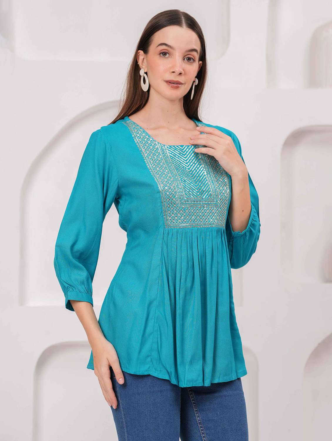 women embroidered three quarter sleeve kurti - 22079819 -  Standard Image - 1