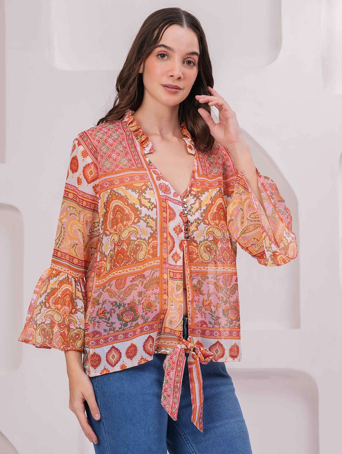 women printed bell sleeve regular top - 22079821 - Standard Image - 1