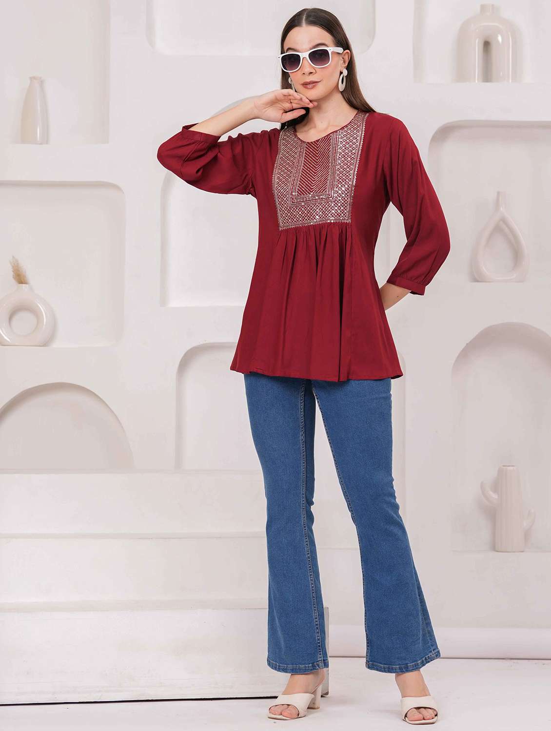 women embroidered three quarter sleeve kurti - 22079822 - Standard Image - 4