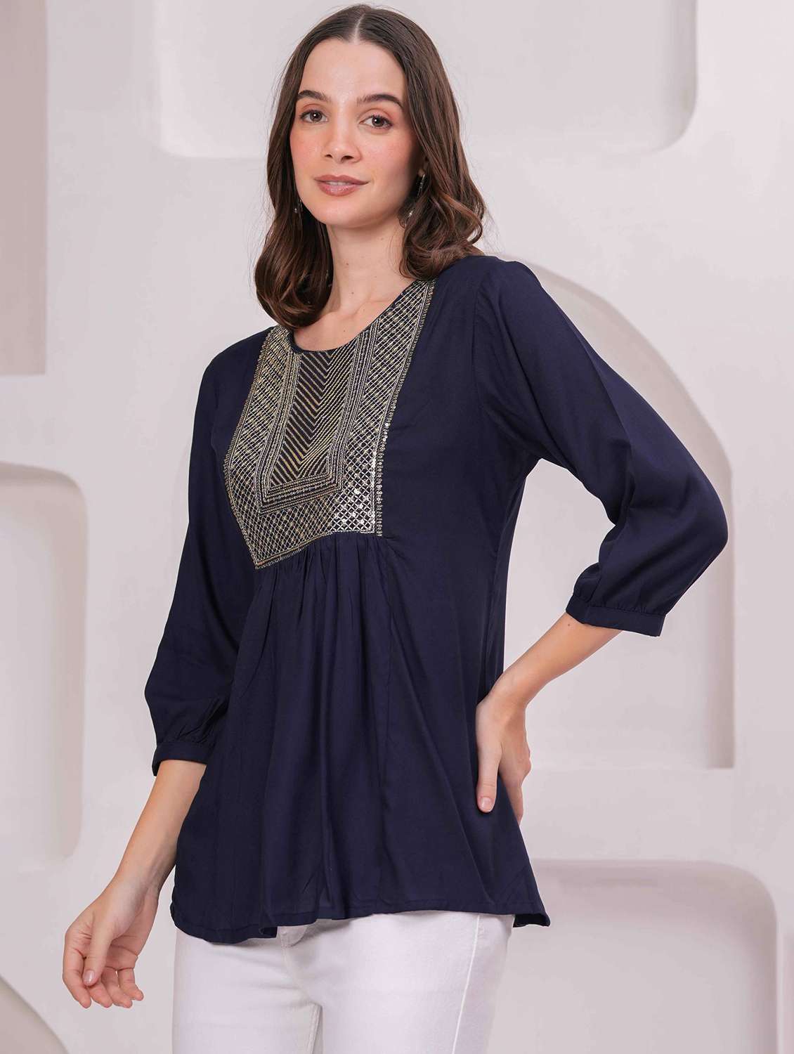 women embroidered three quarter sleeve kurti - 22079823 - Standard Image - 1
