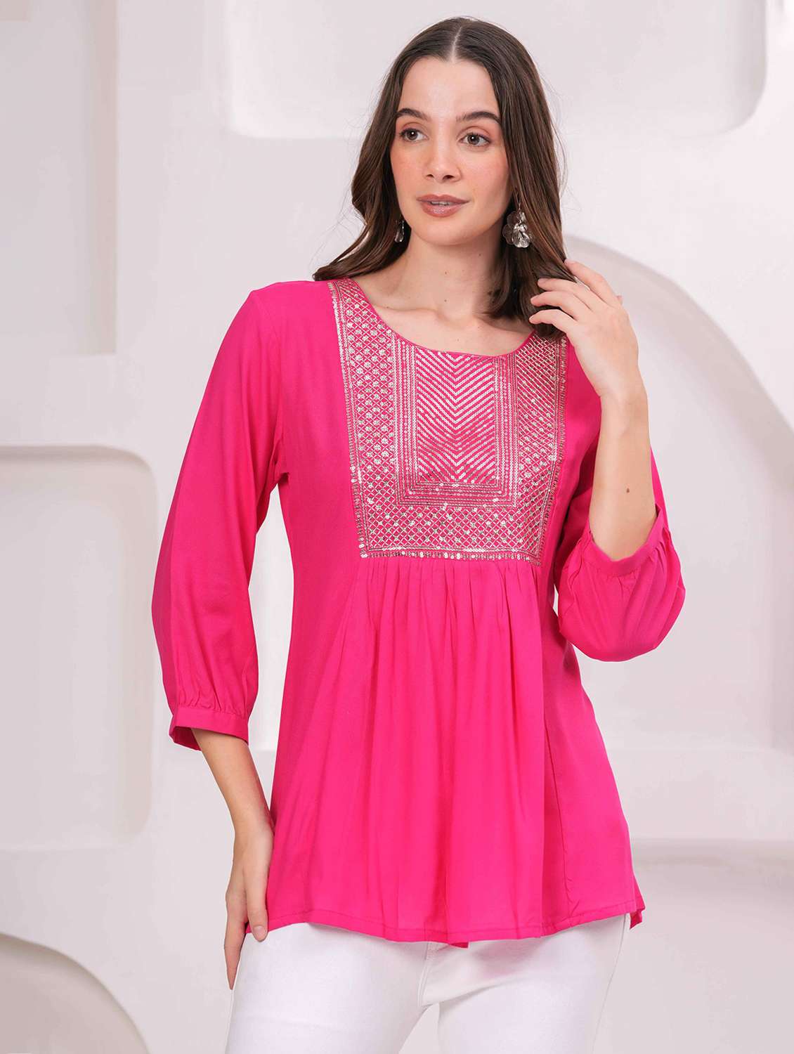 women embroidered three quarter sleeve kurti - 22079824 - Standard Image - 1