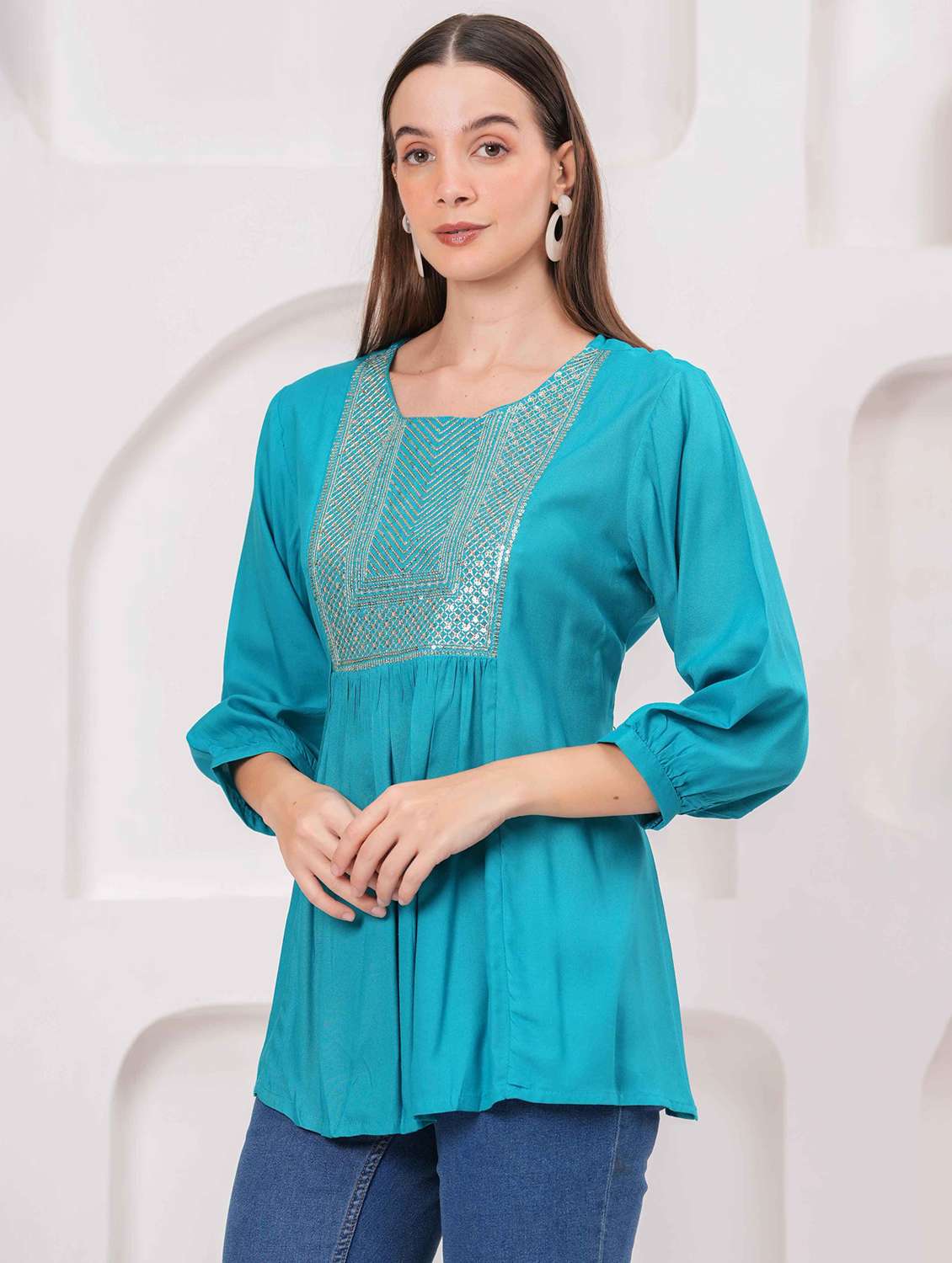 women embroidered three quarter sleeve kurti - 22079825 - Standard Image - 1