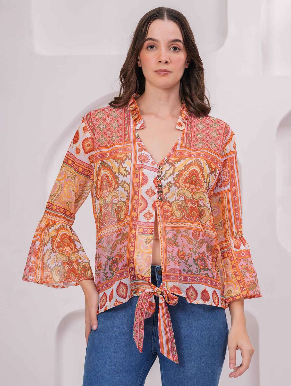 women printed bell slevee regular top