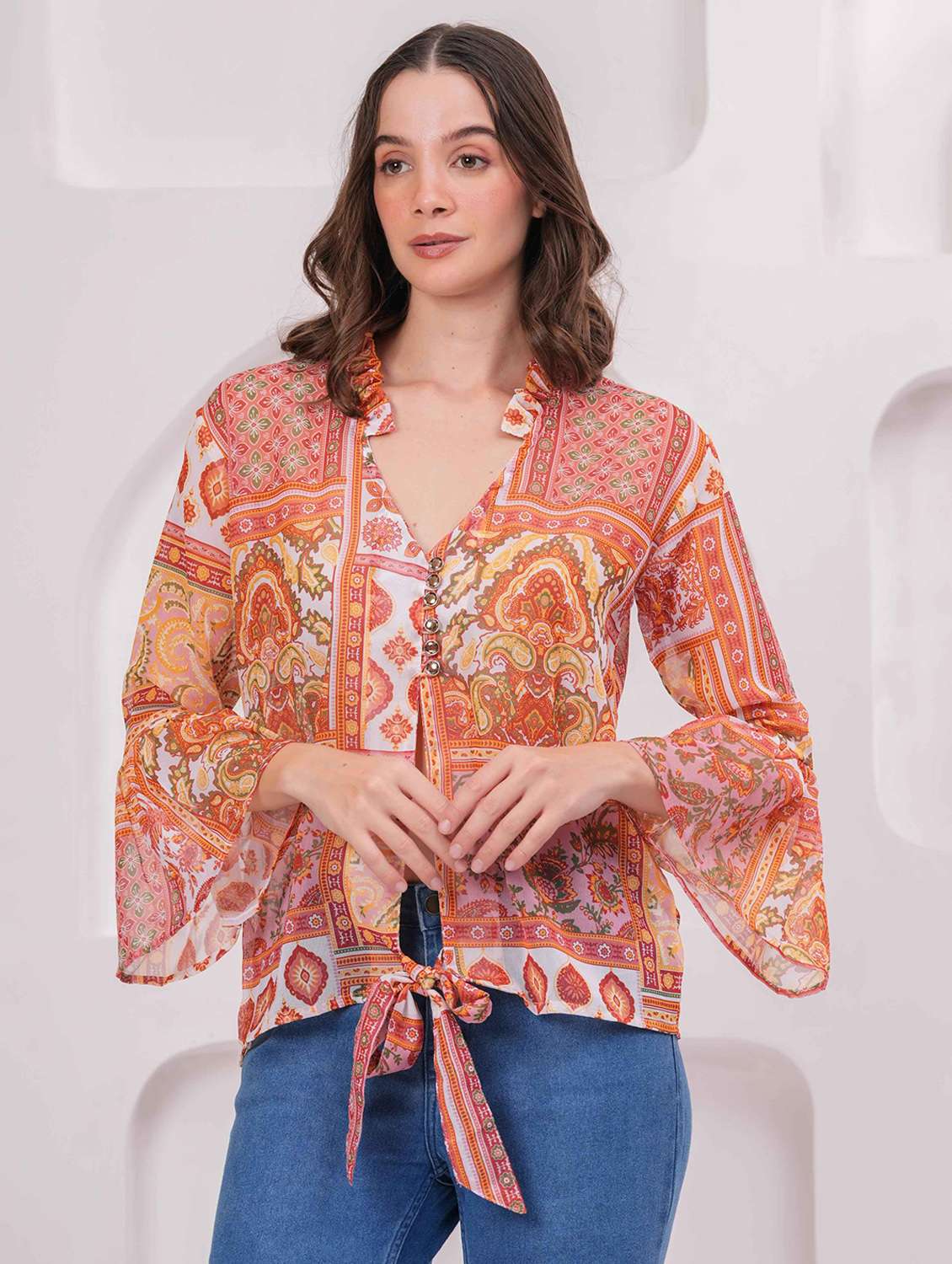 women printed bell slevee regular top - 22079827 - Standard Image - 1