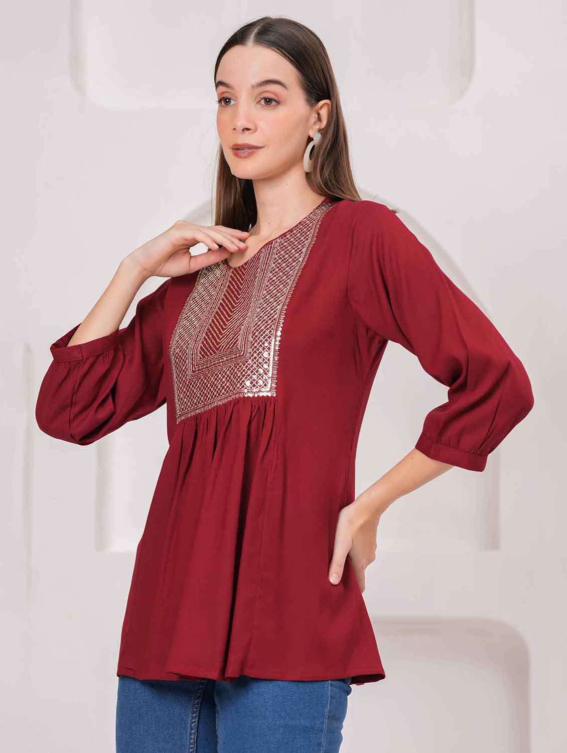 women embroidered three quarter sleeve kurti - 22079844 -  Standard Image - 1
