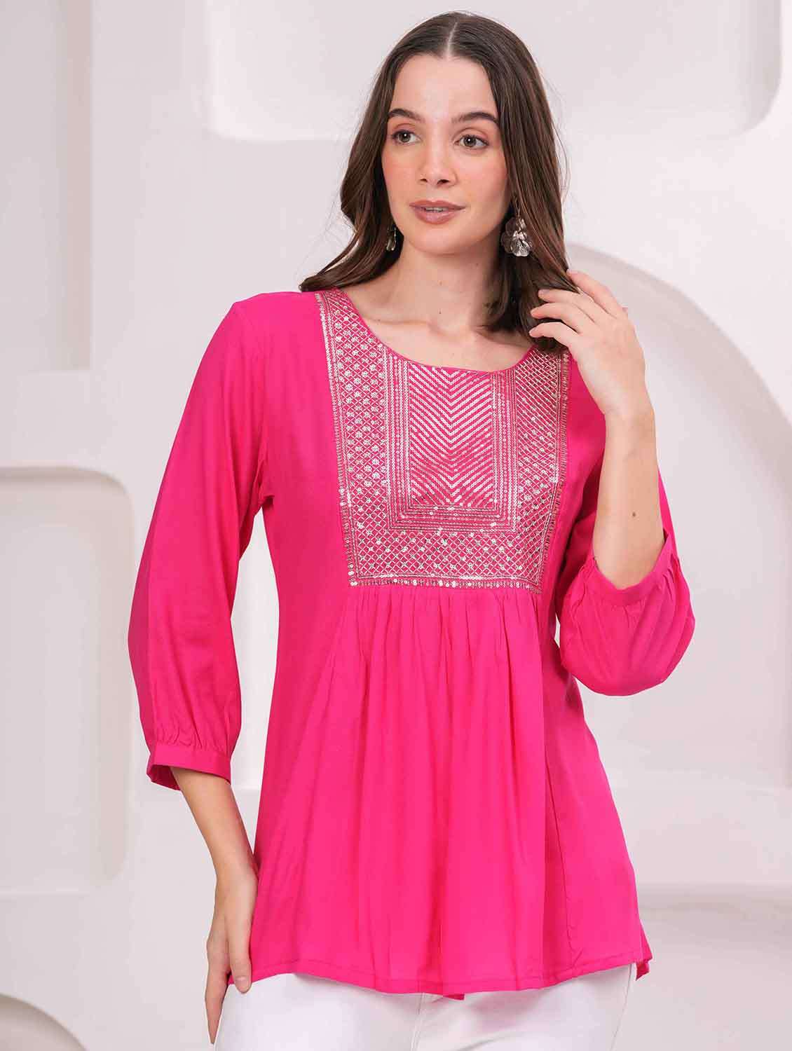 women embroidered three quarter sleeve kurti - 22079846 -  Standard Image - 1