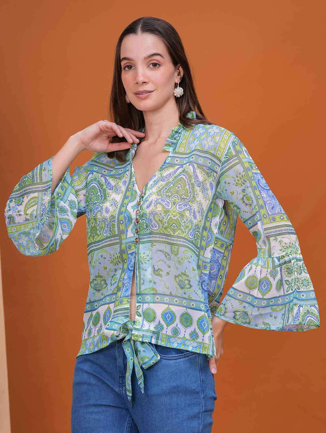 women printed bell slevee regular top - 22079848 -  Standard Image - 1