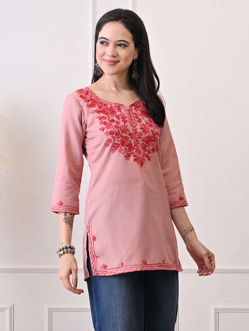 women embroidered three quarter sleeve straight kurti - 22079860 -  Standard Image - 1
