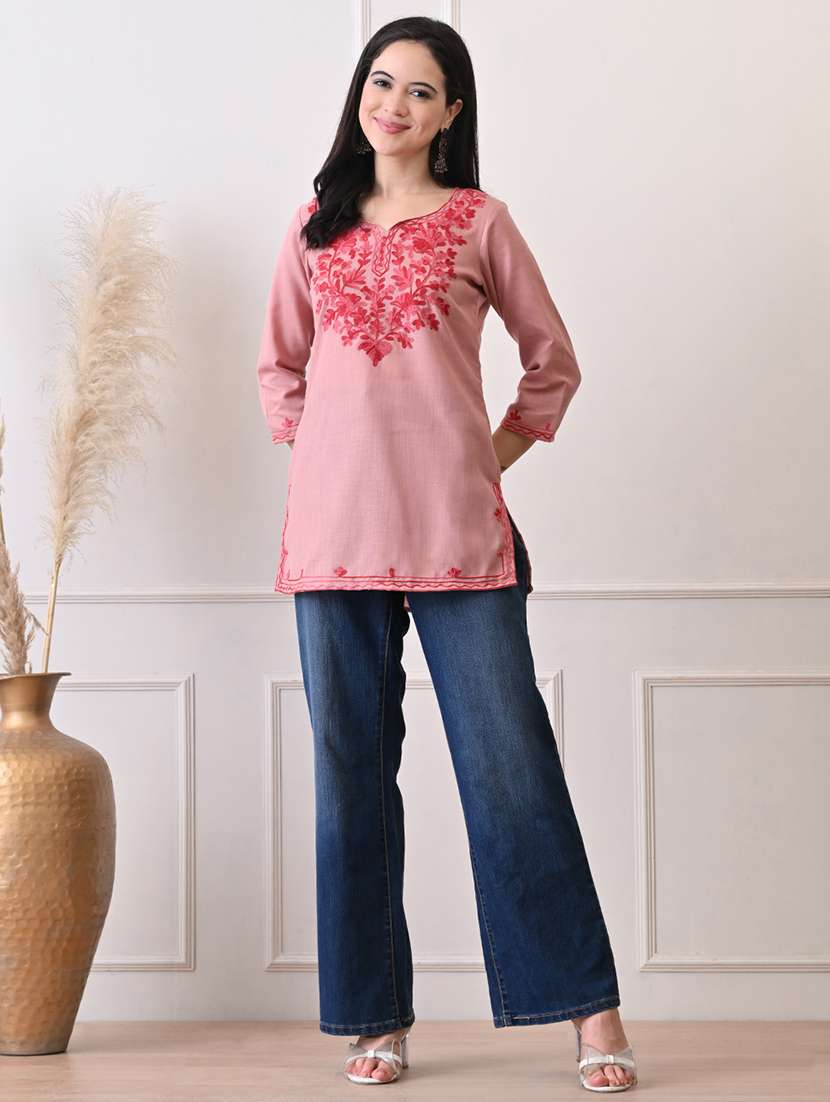 women embroidered three quarter sleeve straight kurti - 22079860 - Standard Image - 4